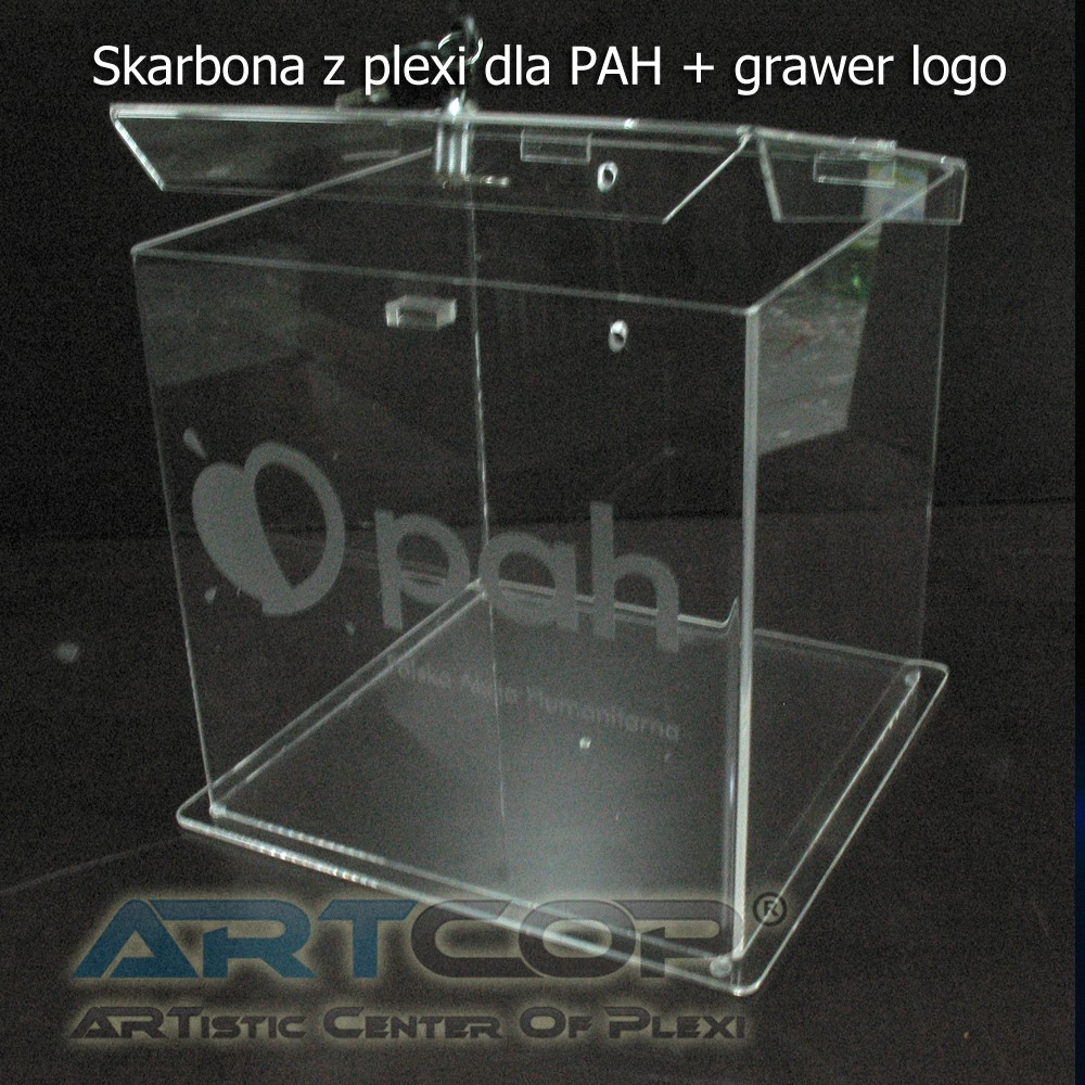 Money box (or Piggy bank) made of plexiglass for PAH (Polish Humanitarian Action)