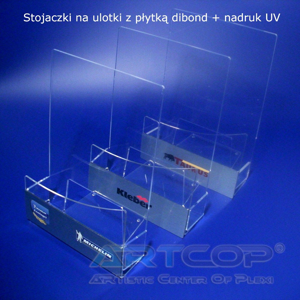 Stojaczek na ulotki z płytką dibond i nadrukiem UV