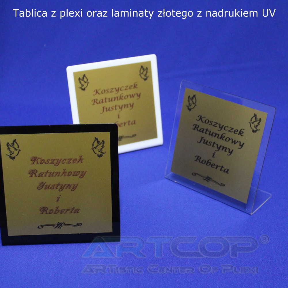 Tablica informacyjna z plexi + laminat złoty + nadruk UV