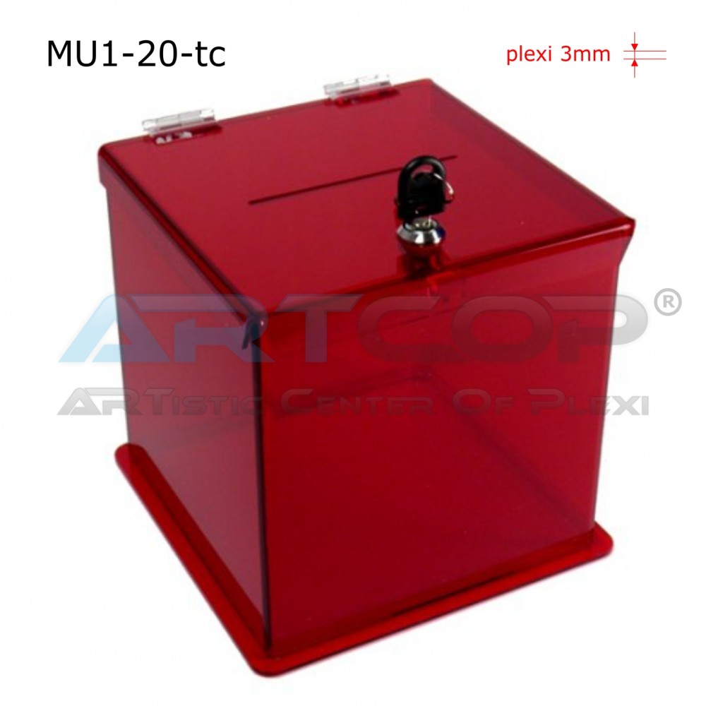 Donation Box MU1-20-tc (20x20x20 cm), Survey Ballot Box, made of Transparent Red Plexiglass