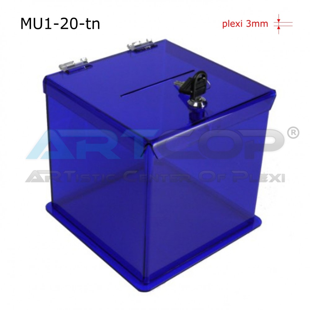 Donation Box MU1-20-tn (20x20x20 cm), Survey Ballot Box, made of Transparent Blue Plexiglass