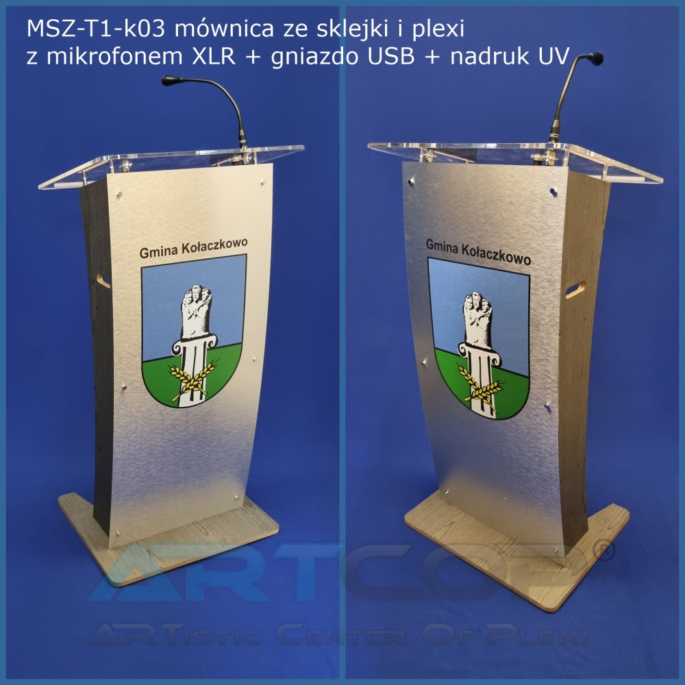 Lectern made of plywood and plexiglass MZS-T1-k03 with XLR microphone + print of the Kołaczkowo Municipality coat of arms