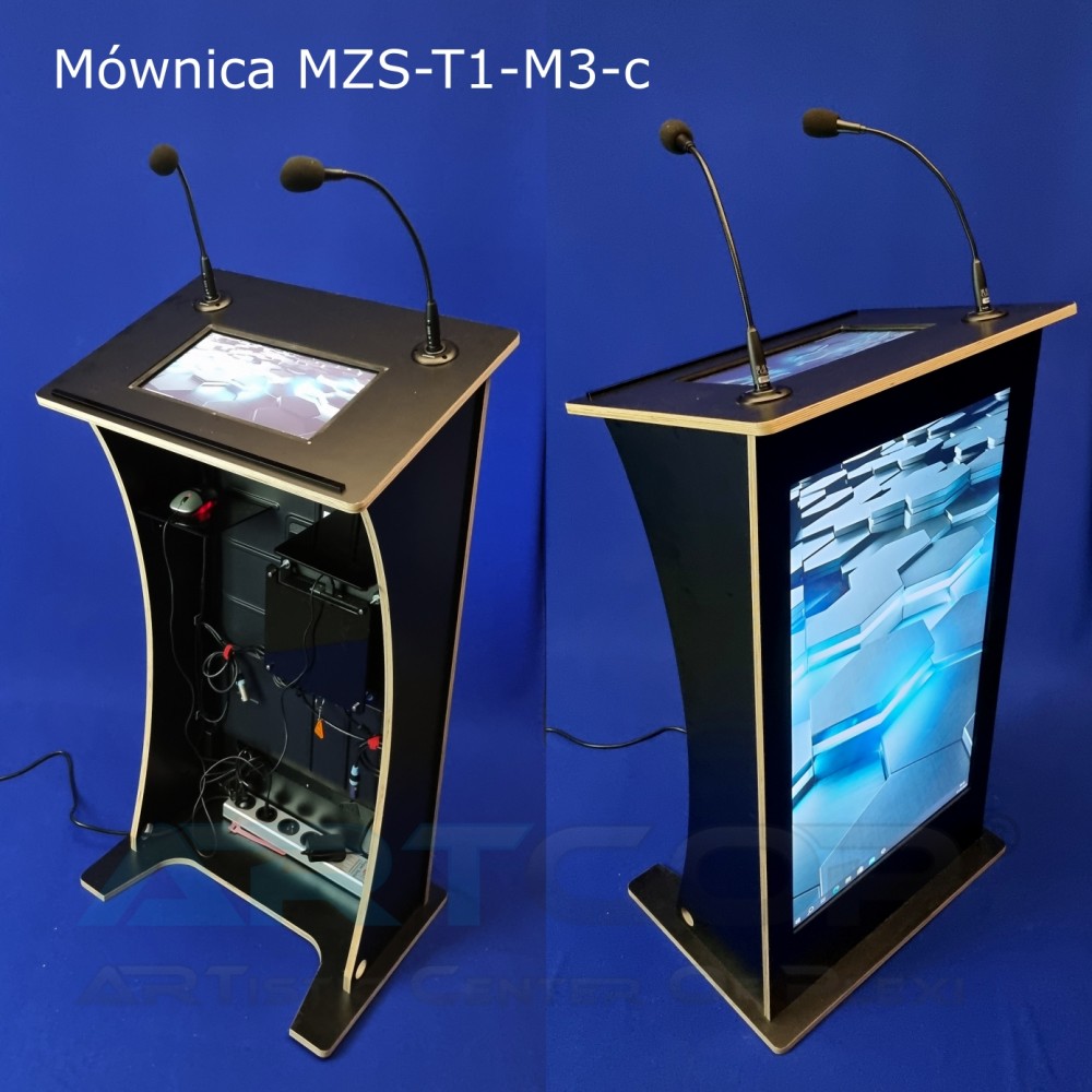 Waterproof plywood media lectern with 40" front display, 24" touch prompter and built-in media system