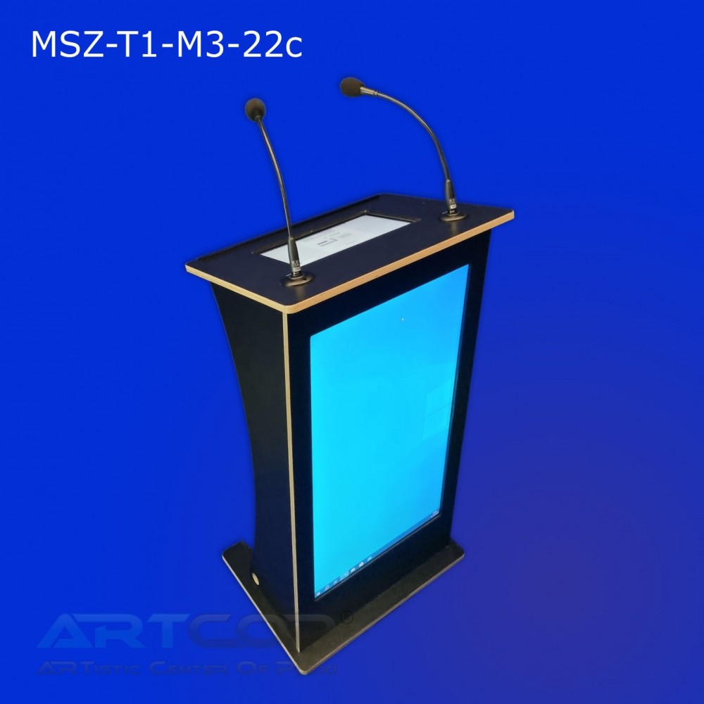 Waterproof plywood media lectern with 32" front display, 22" touch prompter and built-in media system