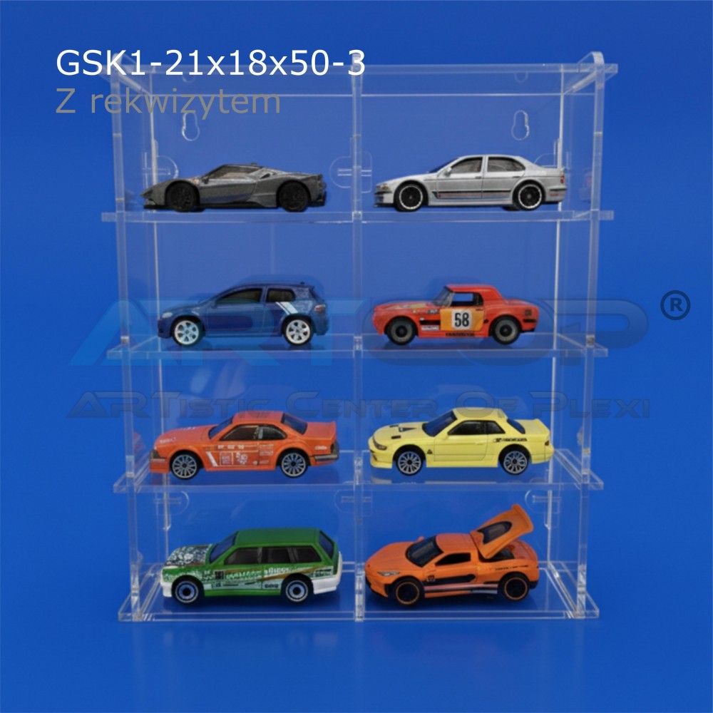 Foldable display case for Hot Wheels and Matchbox collections, 21x18x5cm, made of 3mm plexiglass.