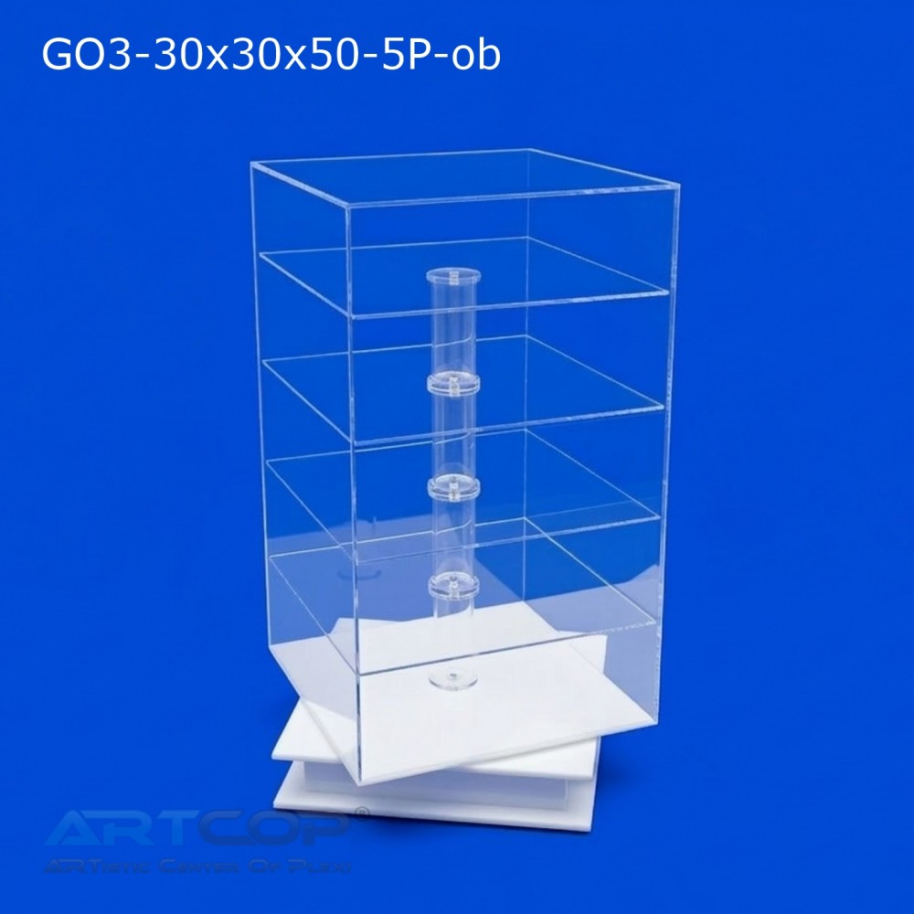 Gablota Obrotowa 30x30x50cm z plexi bezbarwnej, pięciopoziomowa, obrotnica biała