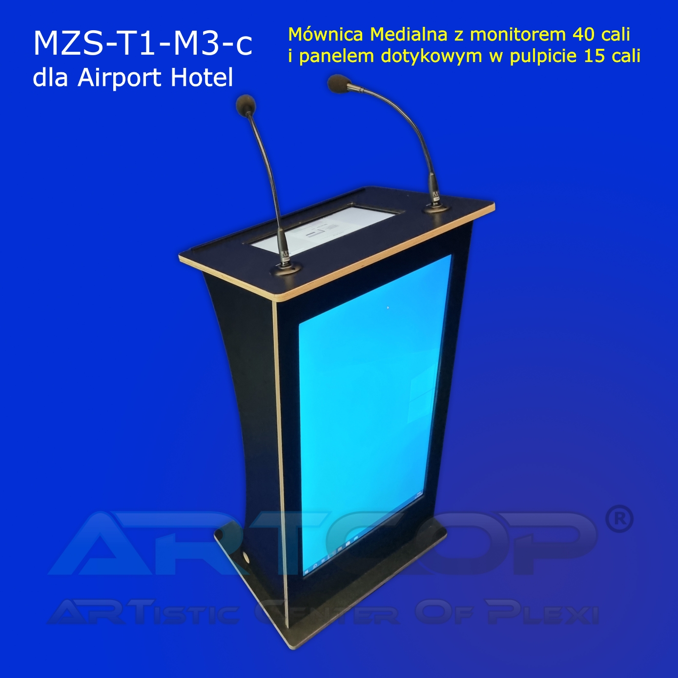 Mównica medialna z monitorem 40 cali dla Airport Hotel produkcji ARTCOP