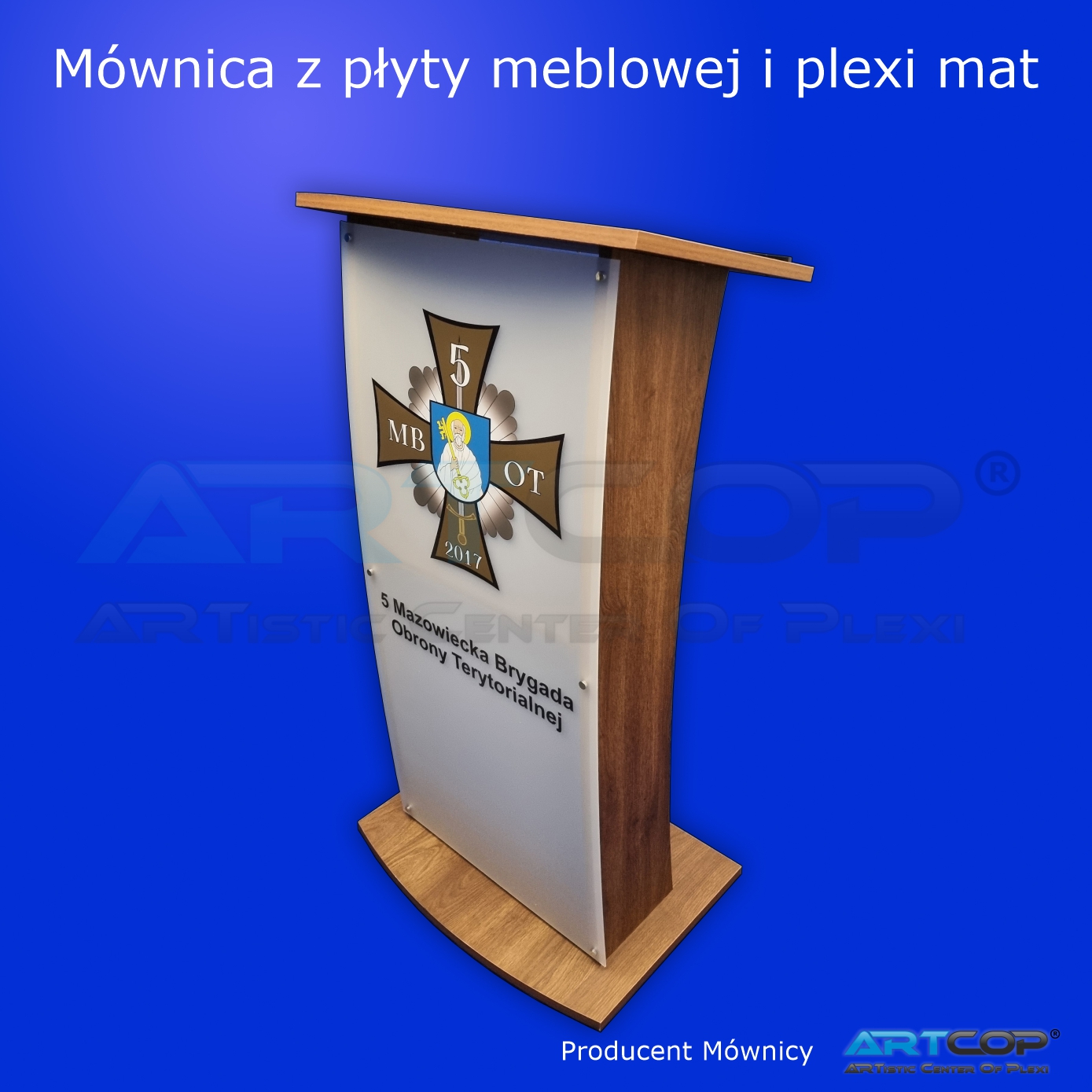 MZW-T1 Mównica z płyty meblowej wiórowej i plexi pleksi produkcji ARTCOP dla wojska armii